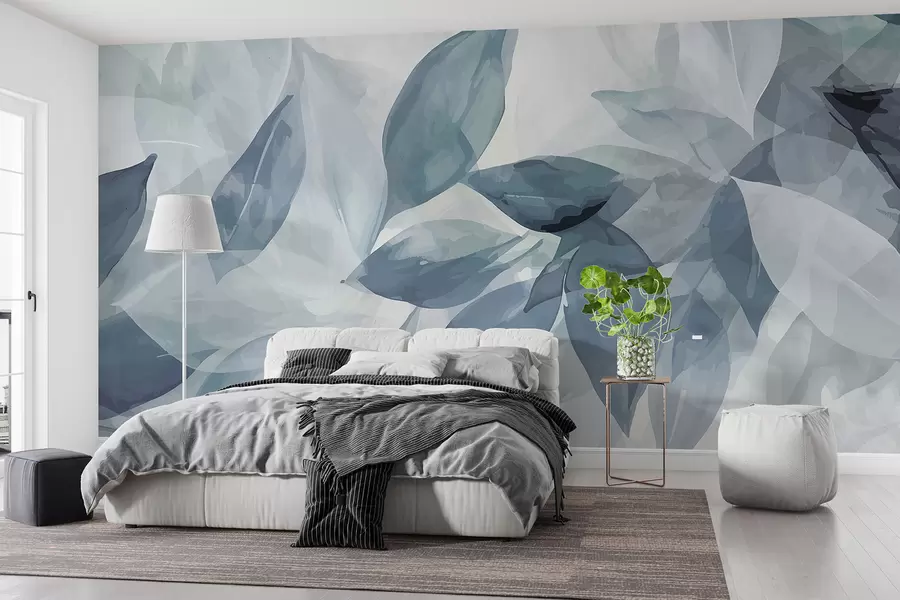 murales Hojas de acuarela suaves en gris y blanco con un fondo etéreo y borroso w07981