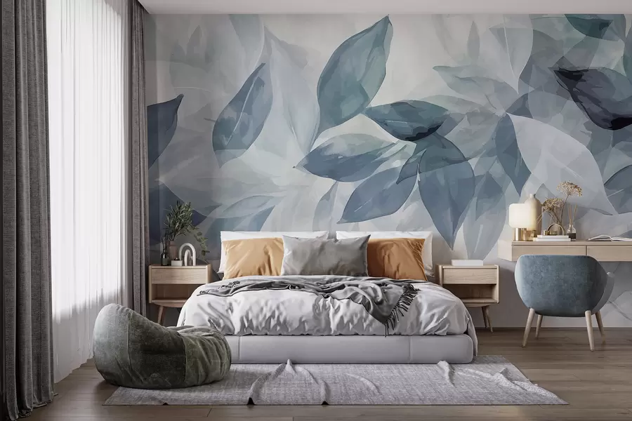 murales Hojas de acuarela suaves en gris y blanco con un fondo etéreo y borroso w07981
