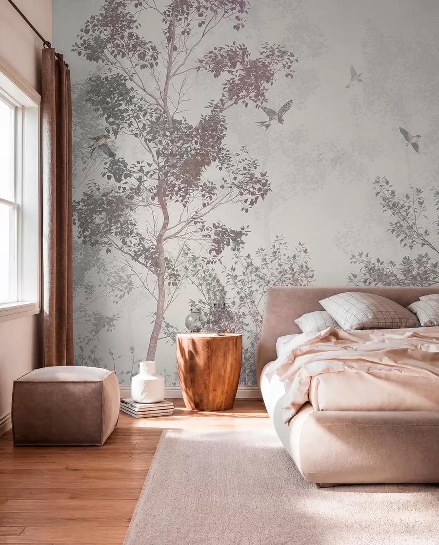 Wall Mural Photo Wallpaper Trees with brown and gray leaves and branches with birds flying in the sky, white background w07982