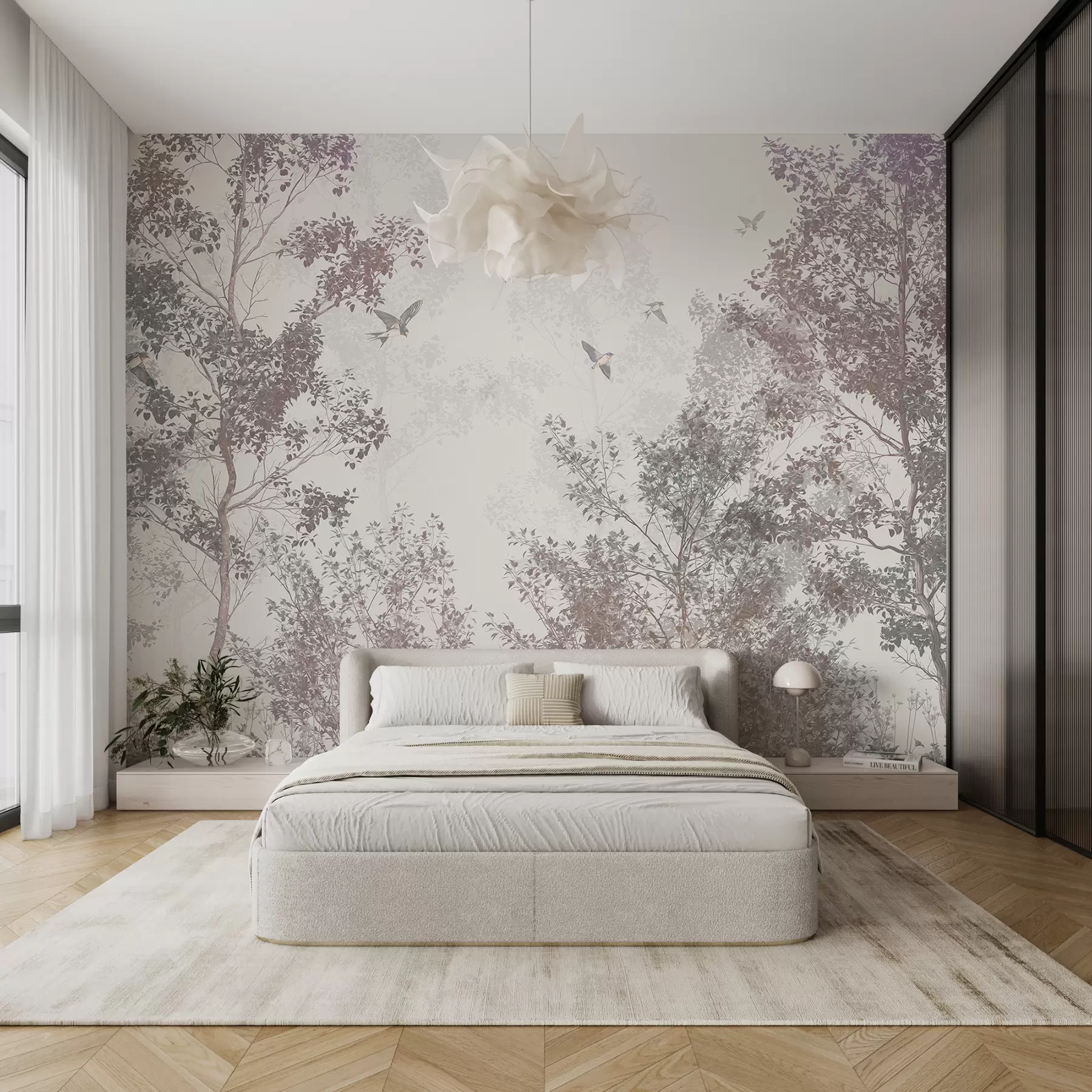 wall murals Trees with brown and gray leaves and branches with birds flying in the sky, white background w07982
