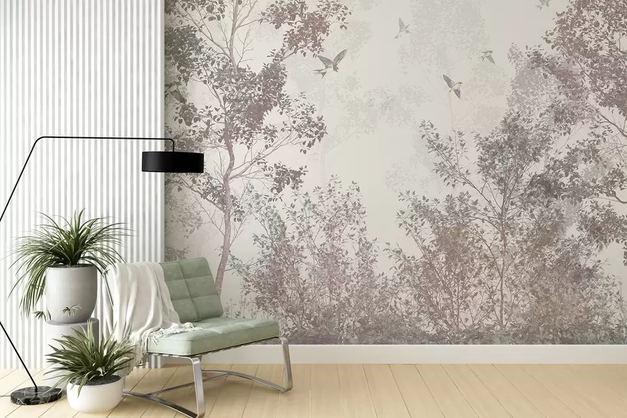 Wall Mural Photo Wallpaper Trees with brown and gray leaves and branches with birds flying in the sky, white background w07982