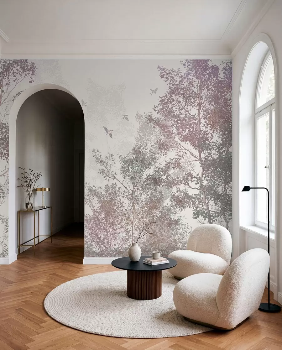 wall murals Trees with brown and gray leaves and branches with birds flying in the sky, white background w07982