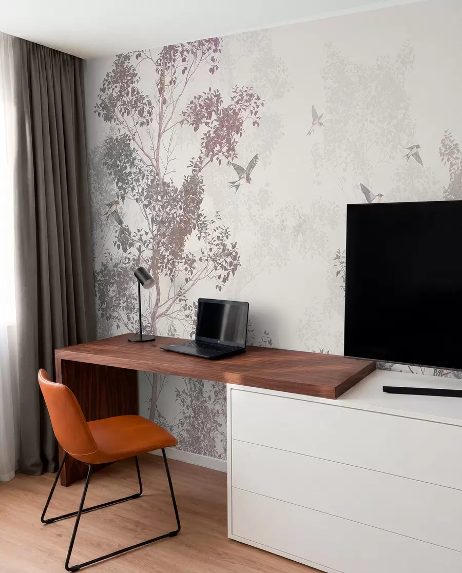 Wall Mural Photo Wallpaper Trees with brown and gray leaves and branches with birds flying in the sky, white background w07982