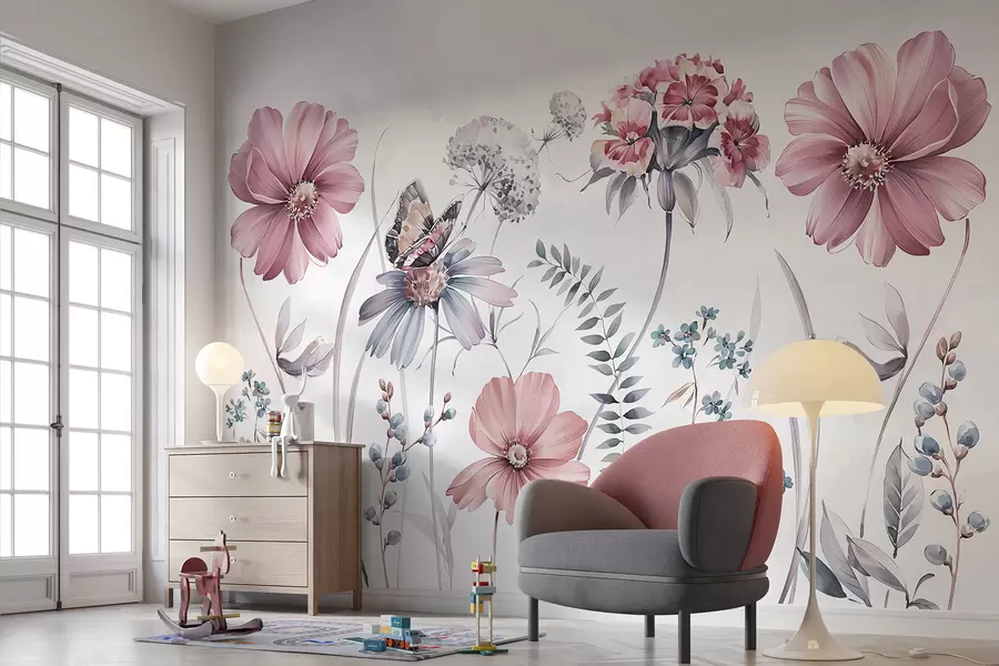 Wall Mural Photo Wallpaper Large delicate flowers and plants with butterfly w07905