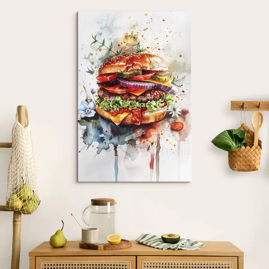 murales Sabrosa hamburguesa con carne, floral, acuarela, arte gastronómico s39699