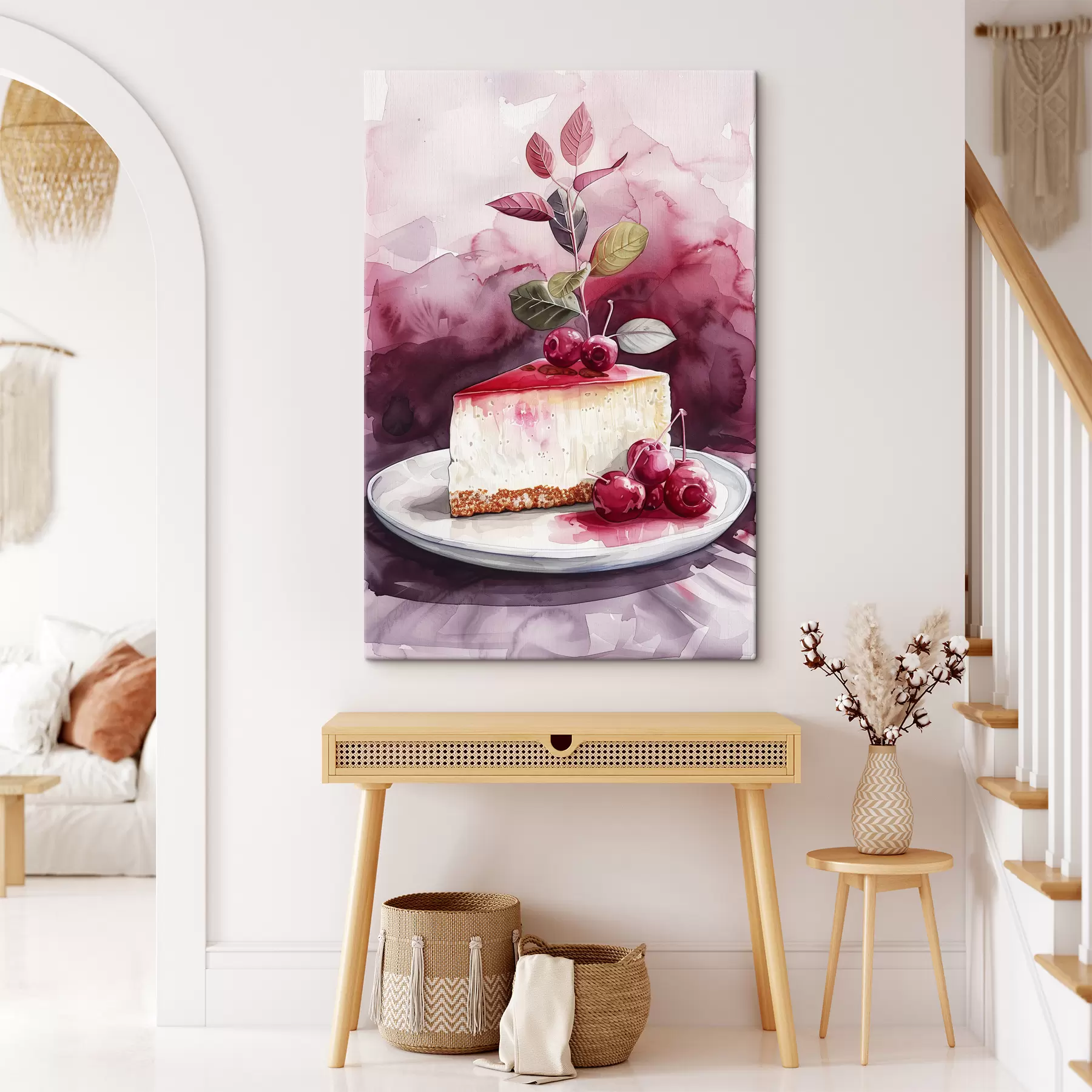 murales Tarta de queso acuarela con cerezas, arte gastronómico elegante, colores rojo y morado s39700