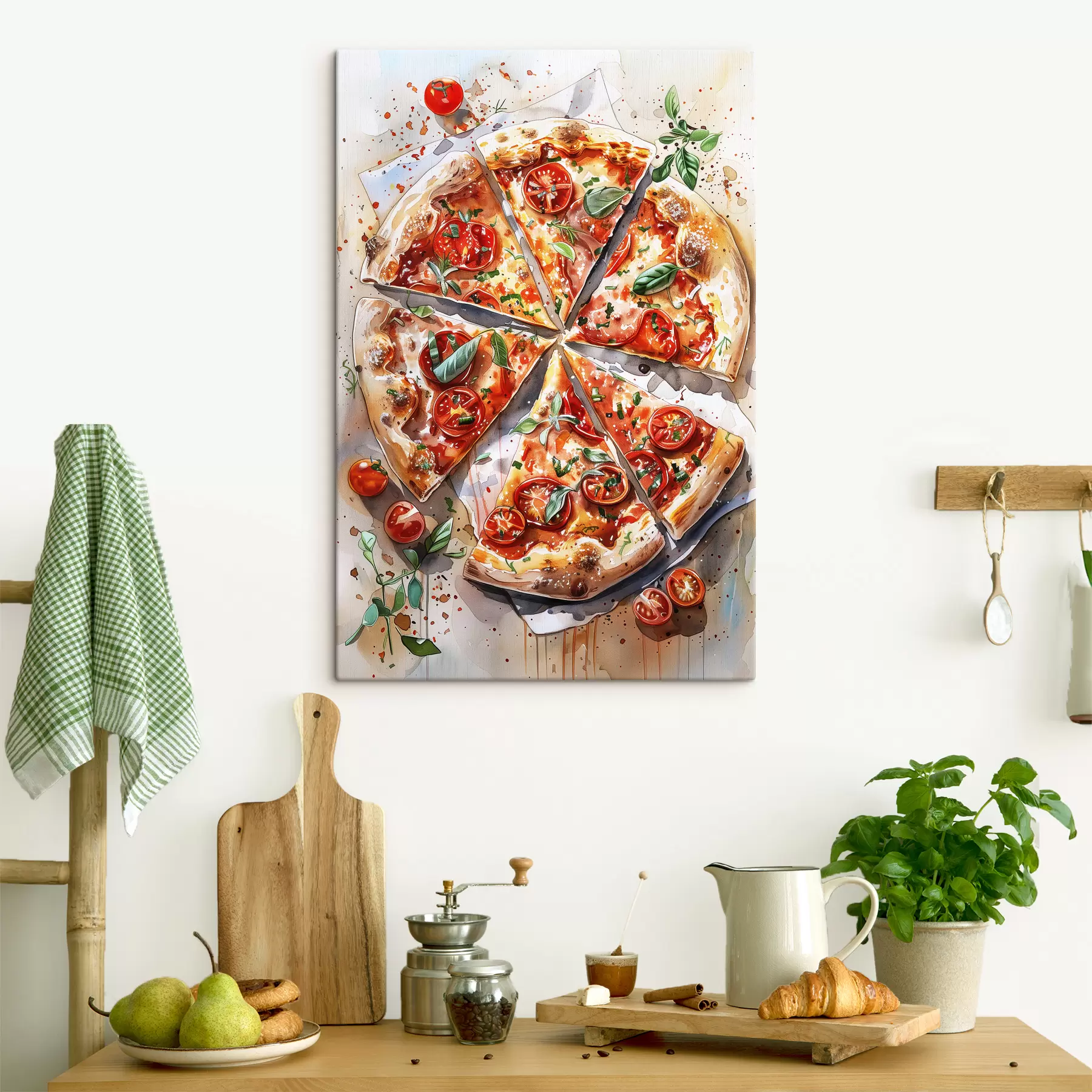 wall murals Watercolor pizza, delicious, tomatoes and cheese, food art, wooden table s39704