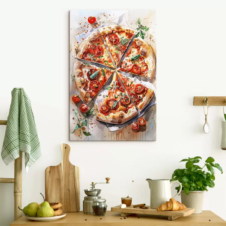 wall murals Watercolor pizza, delicious, tomatoes and cheese, food art, wooden table s39704