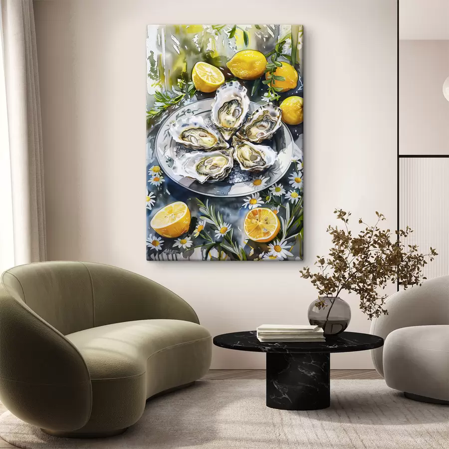 murales Ostras elegantes en el plato, limones y flores, colores de verano, mediterráneo s39710