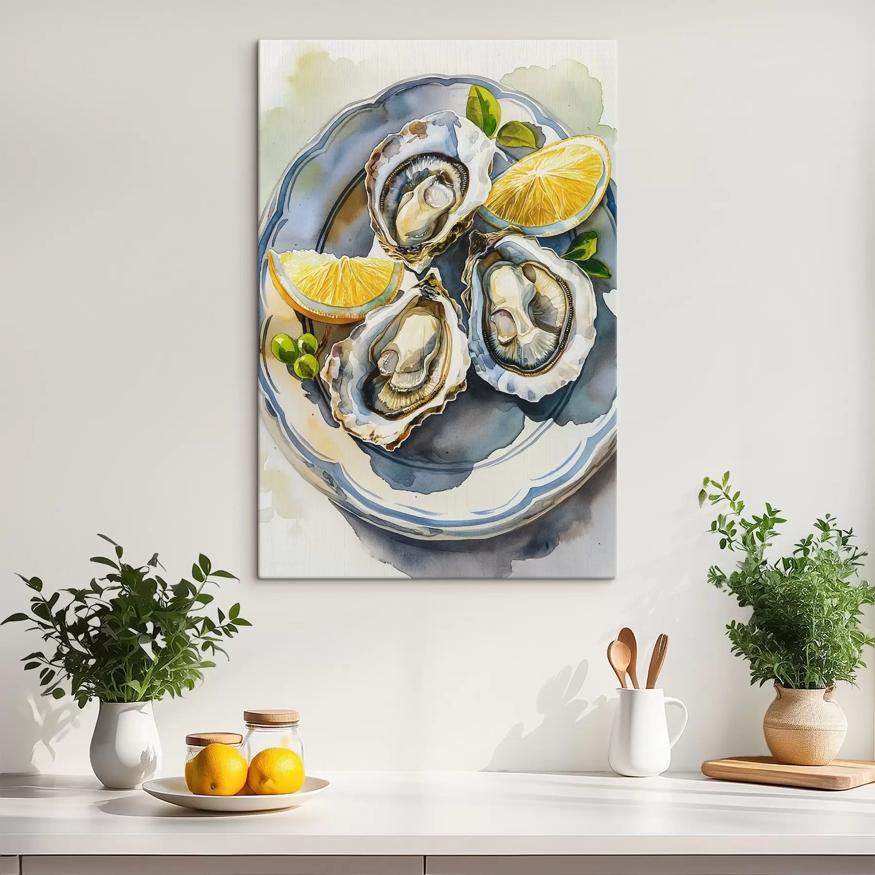 murales Ostras elegantes en el plato, acuarela, limones, colores naturales, mediterráneo s39711