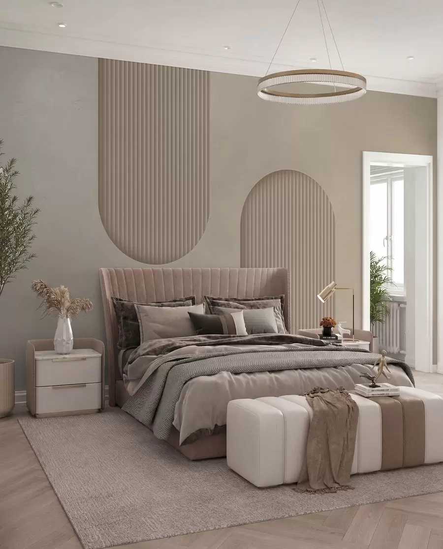 wall murals Art Deco textured wallpaper in warm beige tones. Imitation of volumetric arches w08048