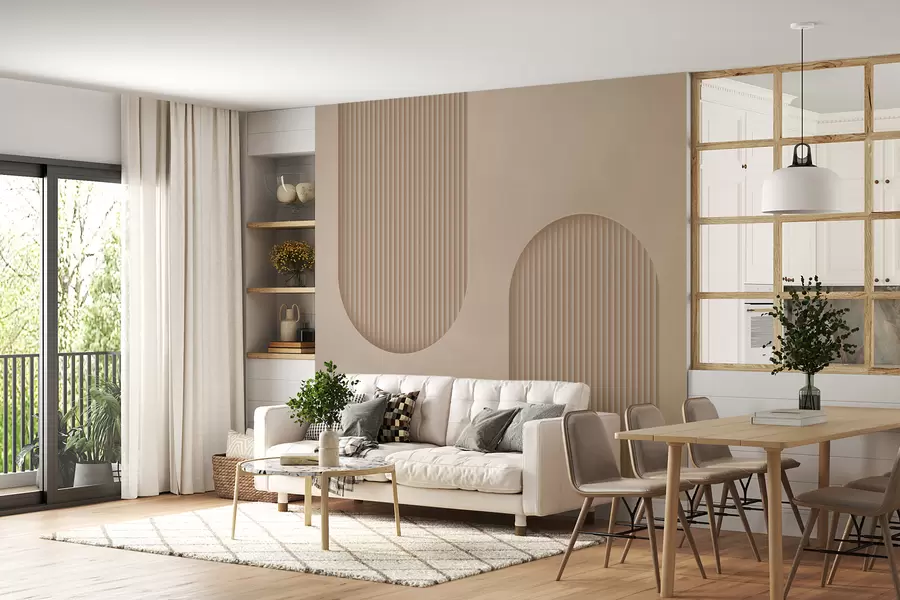 murales Papel pintado texturizado Art Déco en cálidos tonos beige. Imitación de arcos volumétricos w08048