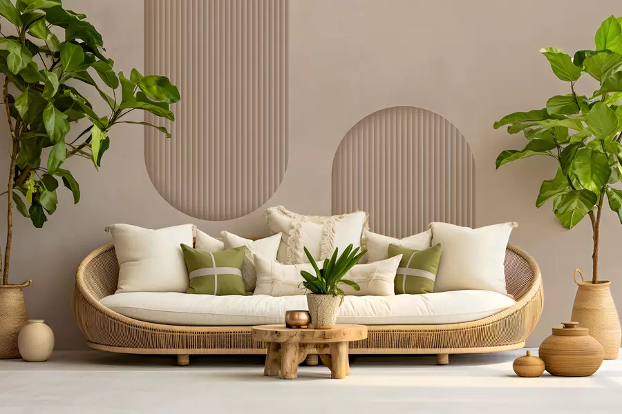 murales Papel pintado texturizado Art Déco en cálidos tonos beige. Imitación de arcos volumétricos w08048