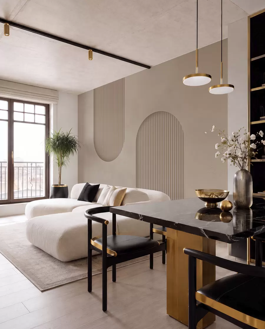 wall murals Art Deco textured wallpaper in warm beige tones. Imitation of volumetric arches w08048