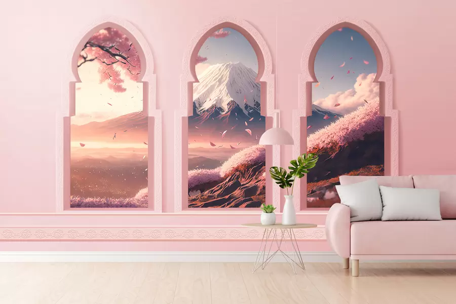 Wall Mural Photo Wallpaper Large oriental-style windows with amazing views of Mount Fuji in soft peach color w08082