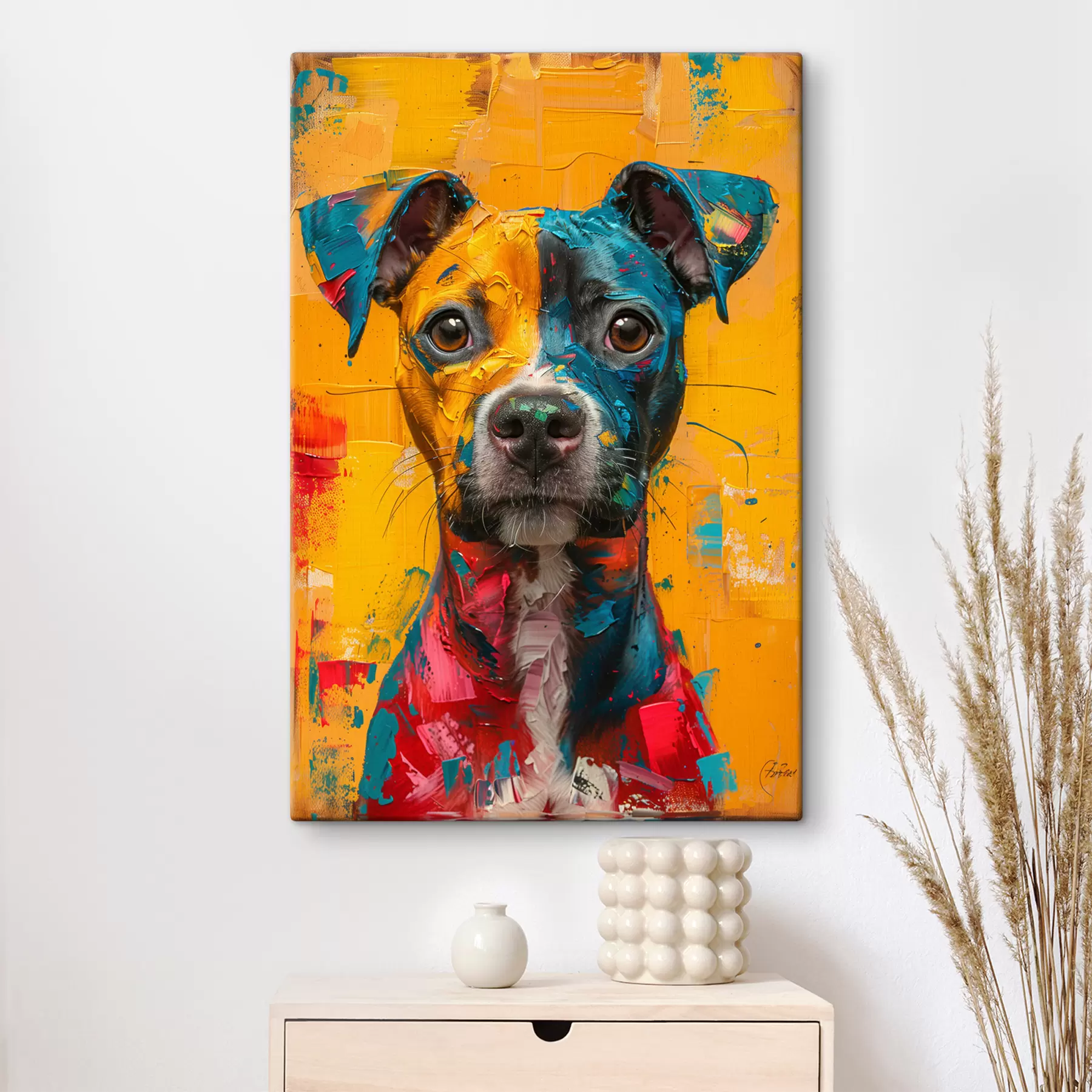 wall murals Portrait of a Pitbull with yellow and blue oil brush strokes s39722