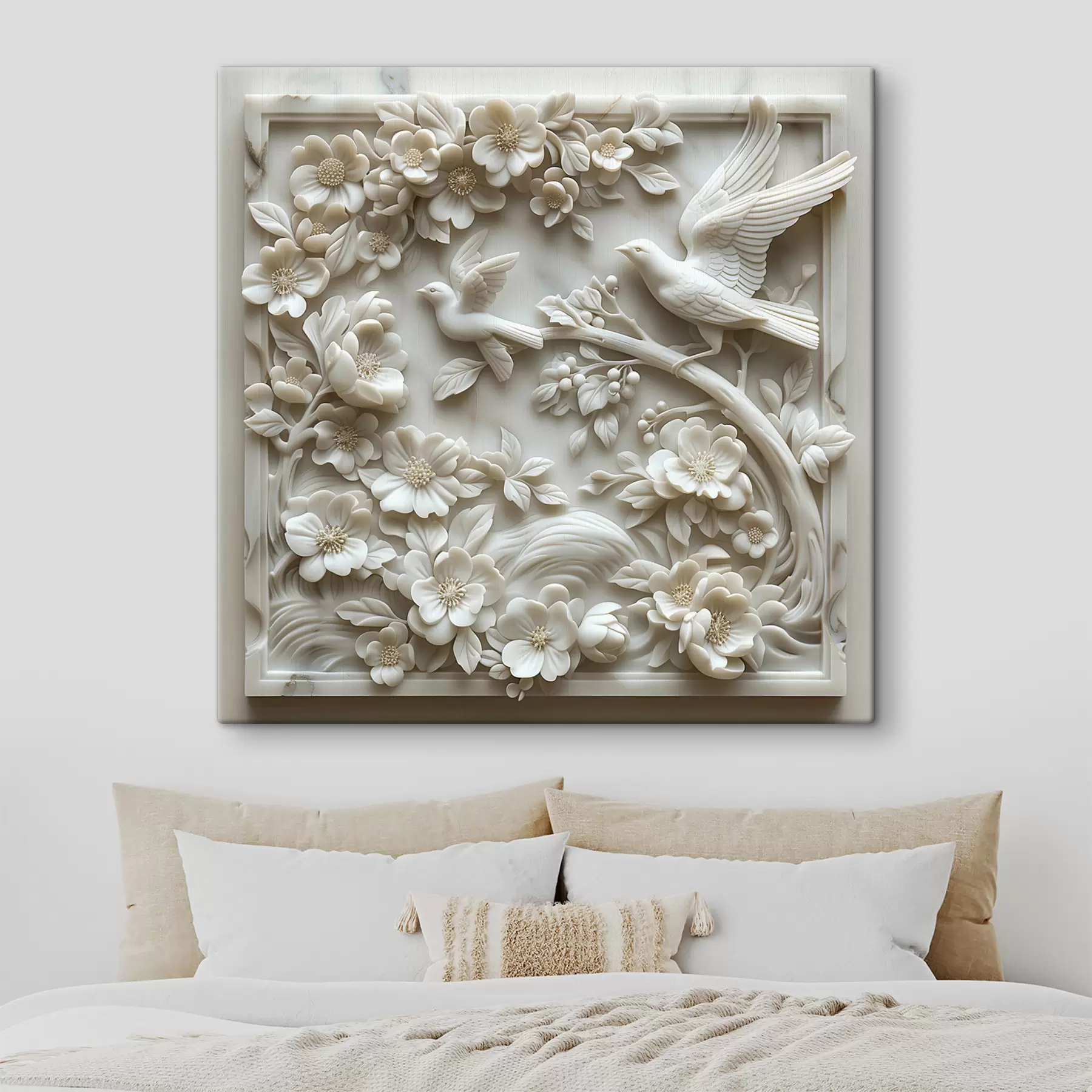 murales Jardín de mármol blanco con bajorrelieve de pájaros y flores s39728