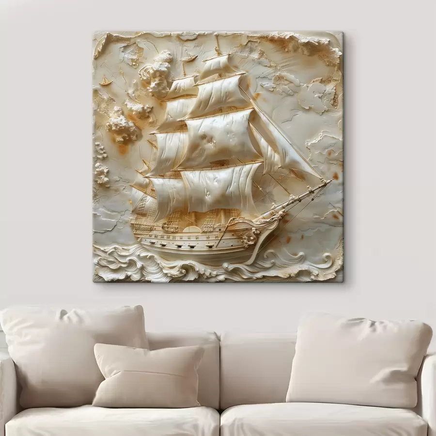 wall murals Bas-relief of a ship sailing on the sea s39757