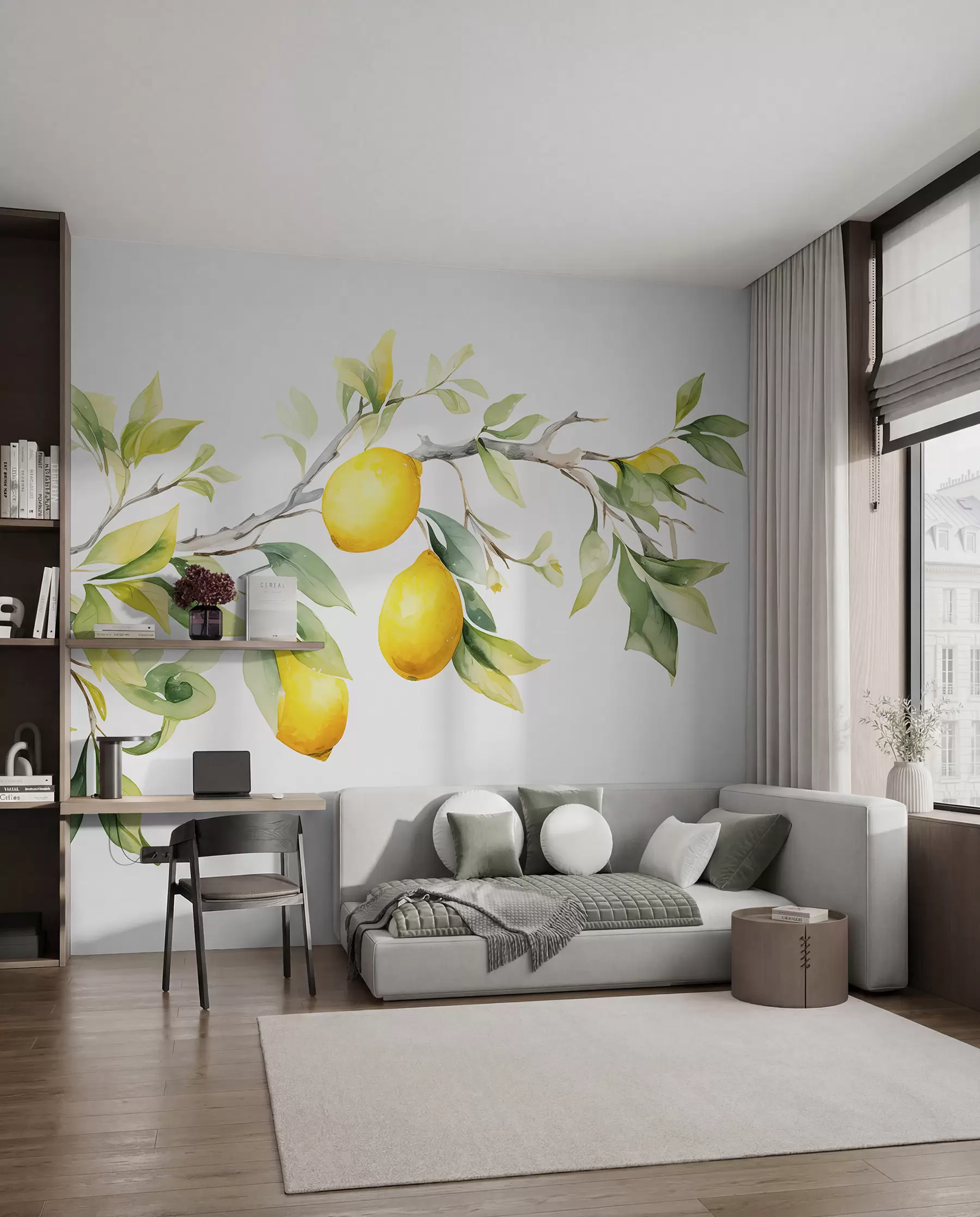 wall murals Watercolor branch with lemon leaves and fruits w08096