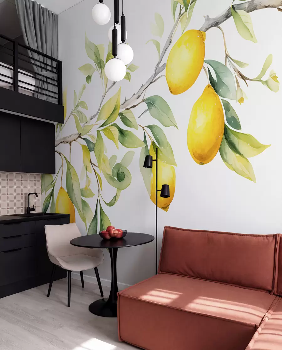 Wall Mural Photo Wallpaper Watercolor branch with lemon leaves and fruits w08096