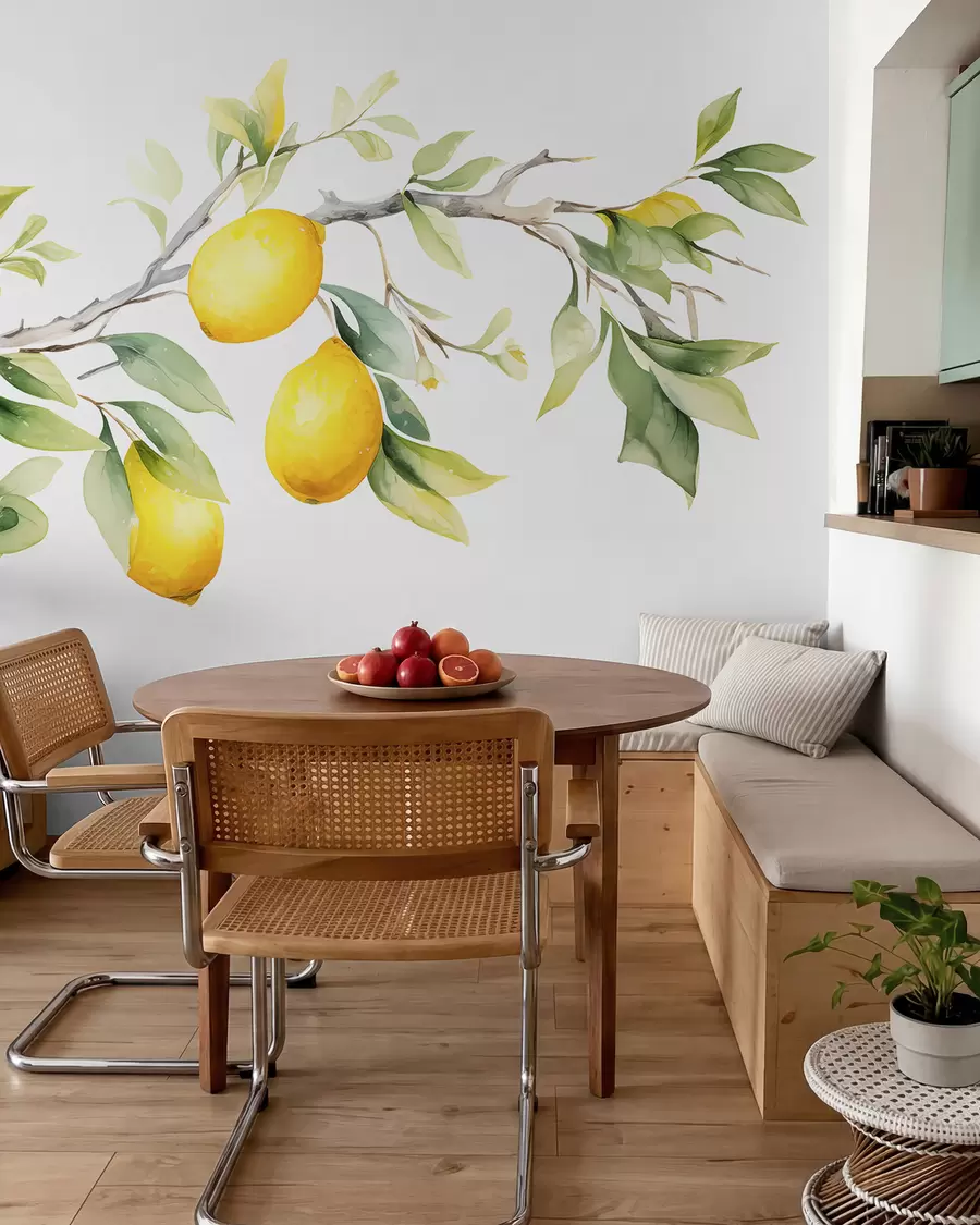 wall murals Watercolor branch with lemon leaves and fruits w08096