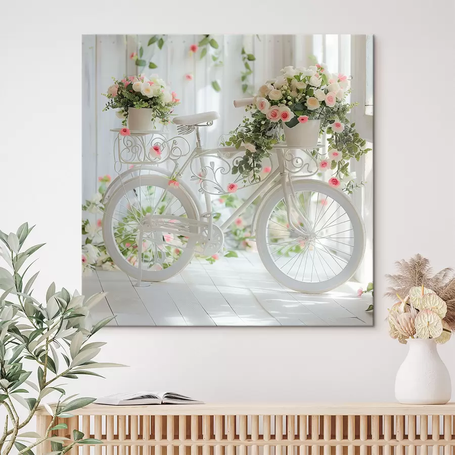 murales Bicicleta blanca con cesta de flores al estilo provenzal s39243