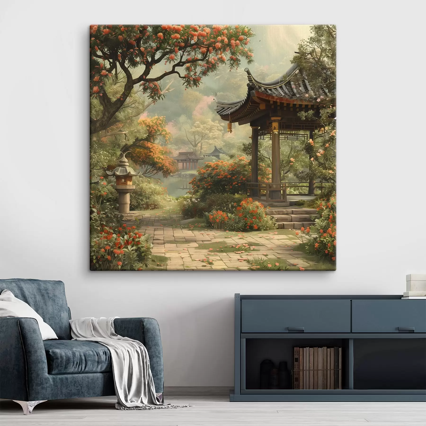 wall murals Japanese park with blooming trees and flowers, forest, garden house, lake s39772