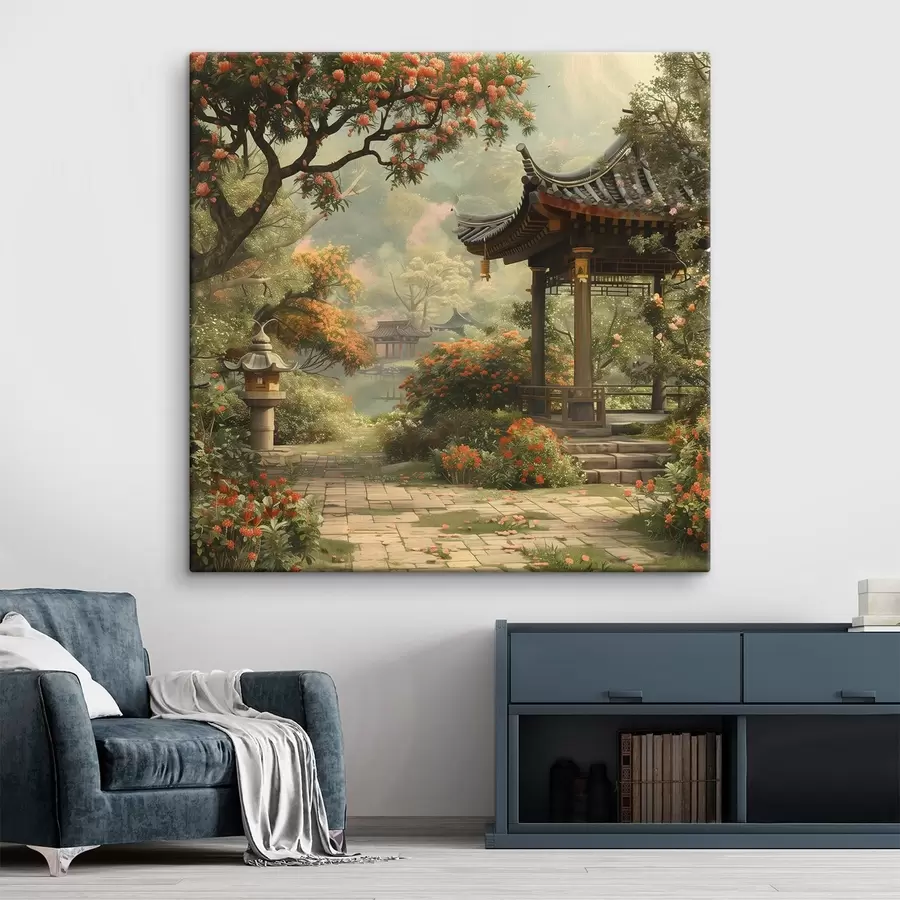 wall murals Japanese park with blooming trees and flowers, forest, garden house, lake s39772