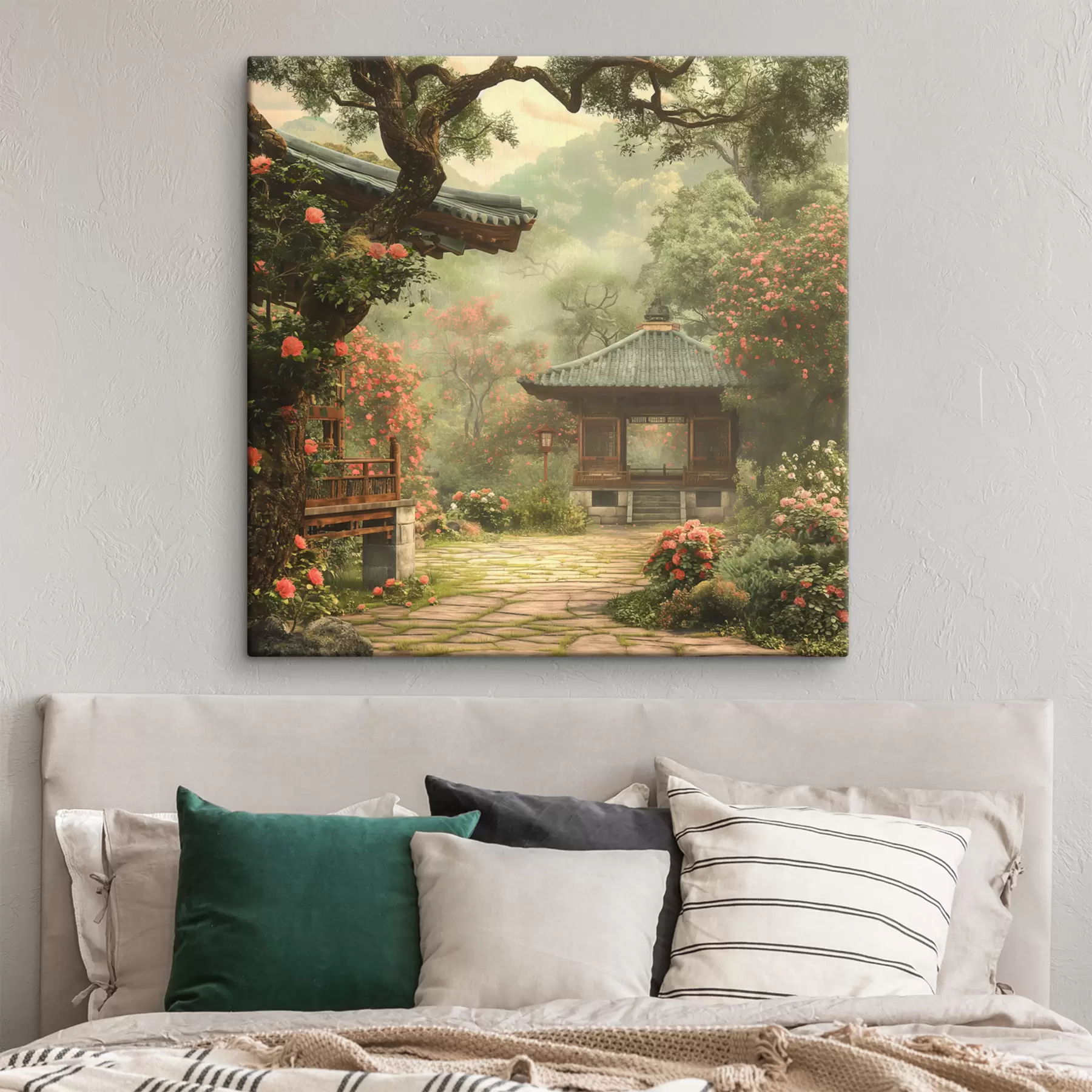 wall murals Japanese park with blooming trees and flowers, forest, wooden house s39773