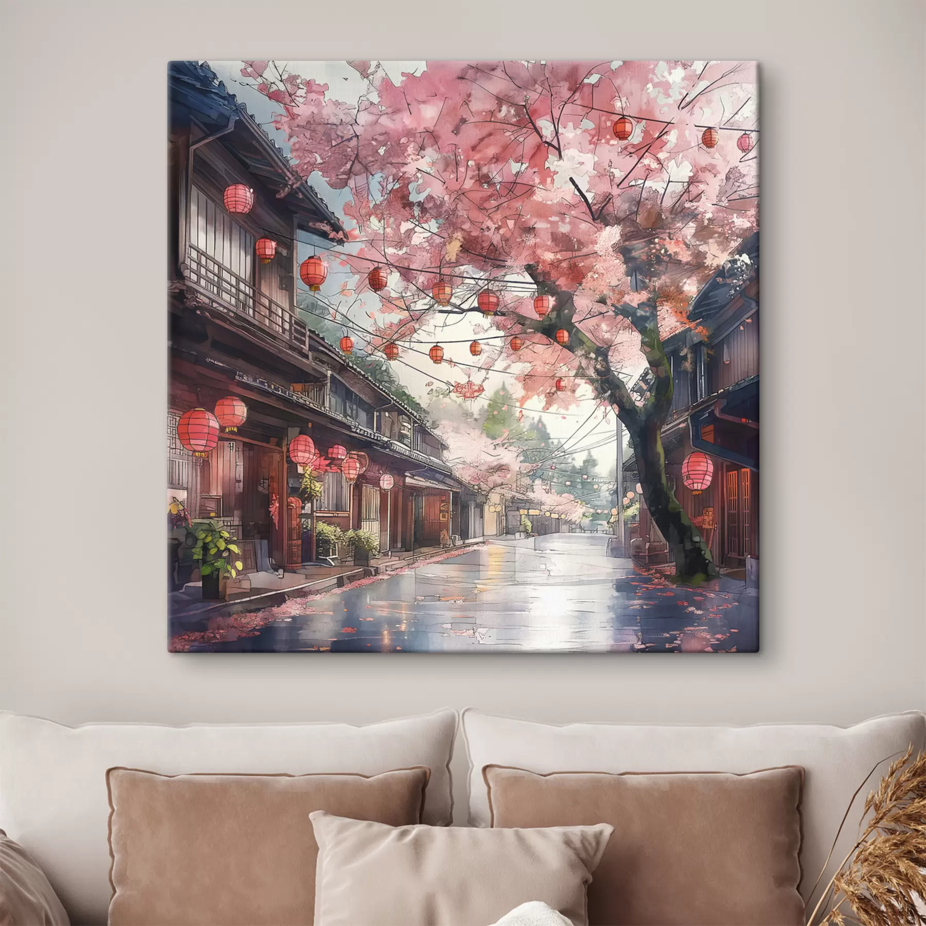 wall murals Japanese street with blooming cherry trees, oriental architecture, lanterns s39774