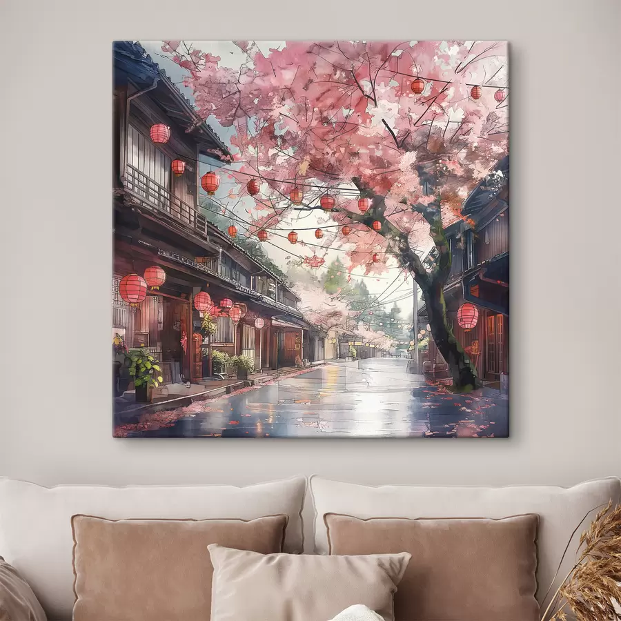wall murals Japanese street with blooming cherry trees, oriental architecture, lanterns s39774