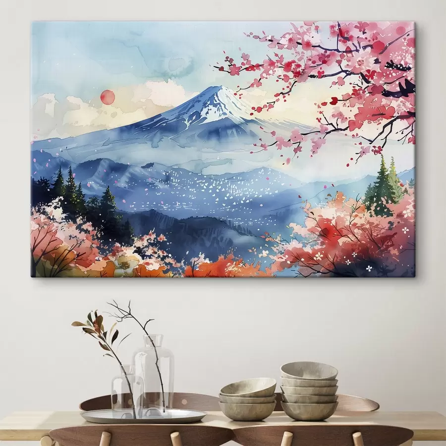 wall murals Mountain Fuji landscape, oriental nature, cherry trees, sunset s39775