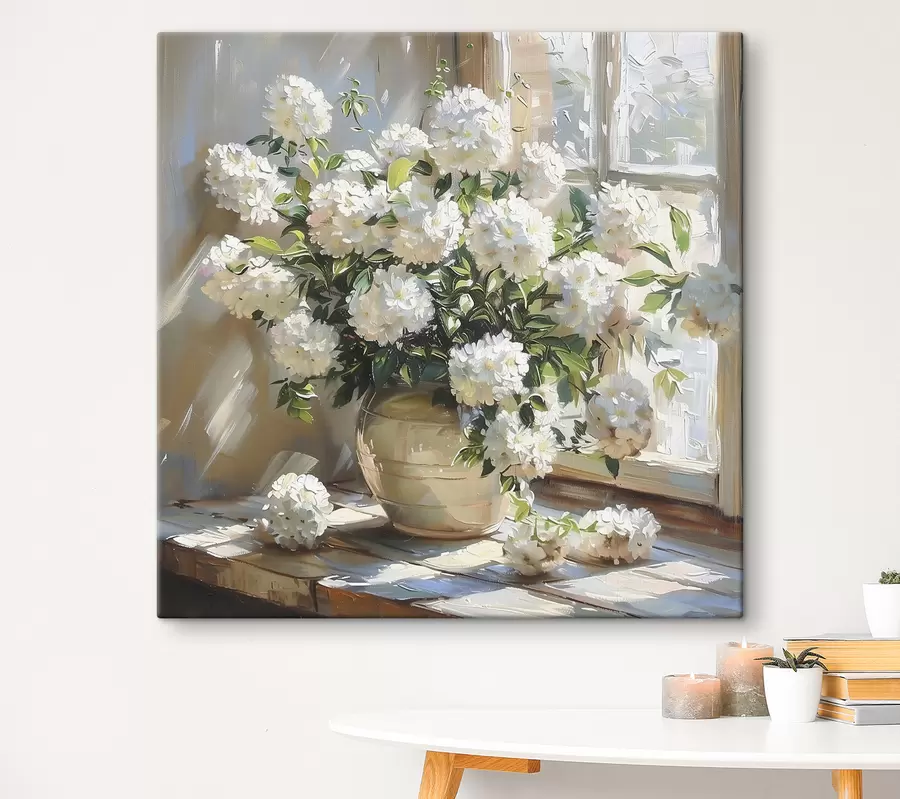 wall murals White hydrangeas in the vase, sunlight in the window, oil painting s39779