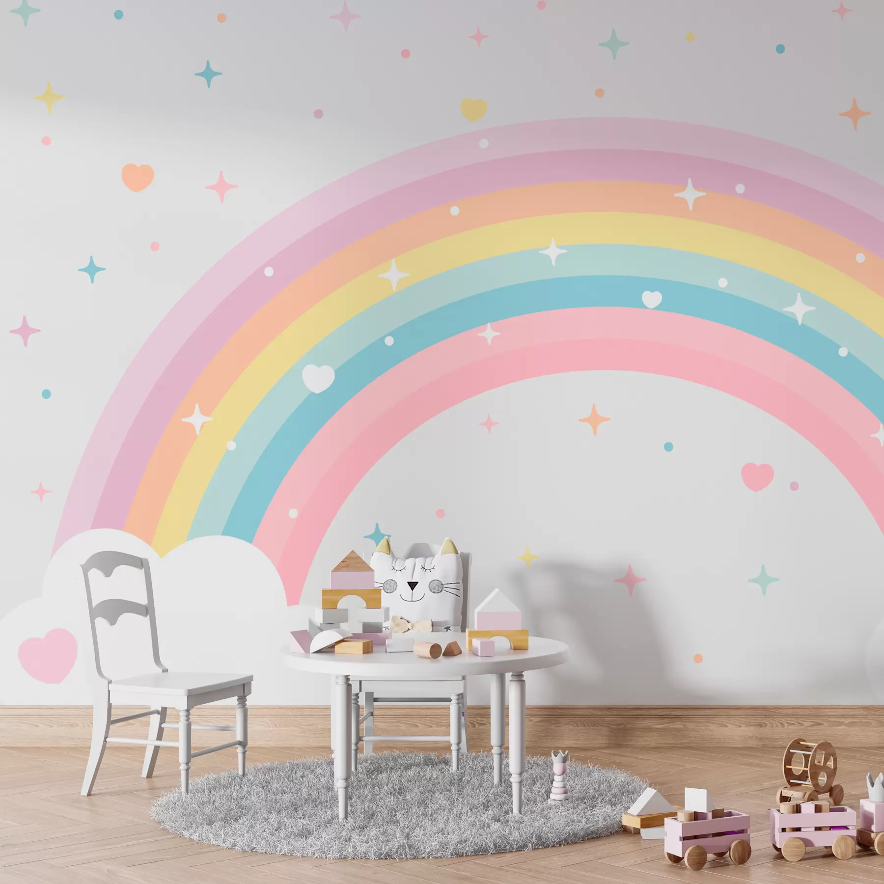 peintures murales Arc-en-ciel coloré avec étoiles et coeurs de style scandinave w08109