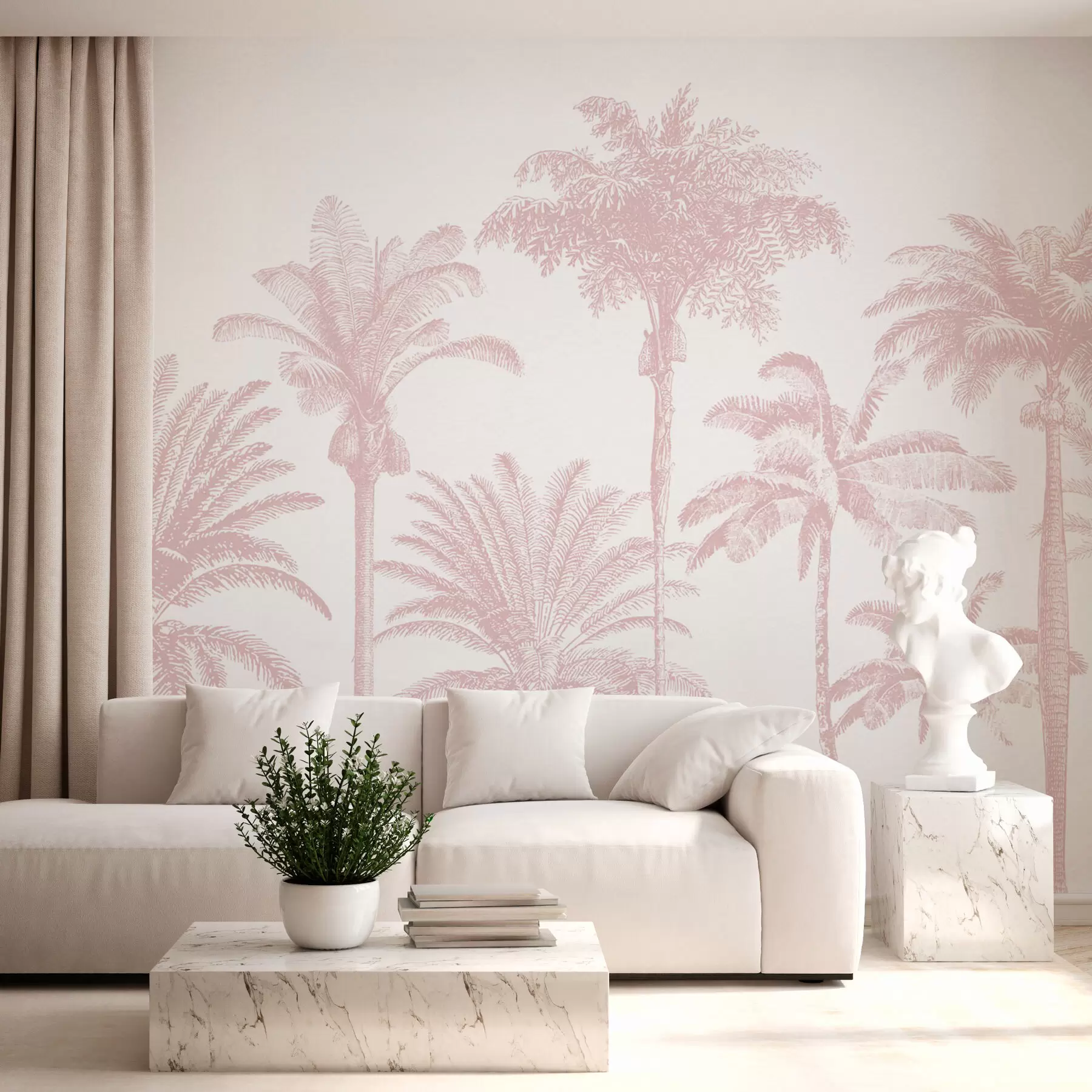murales Oasis de palmeras tropicales de color rosa mínimo. w08111v1