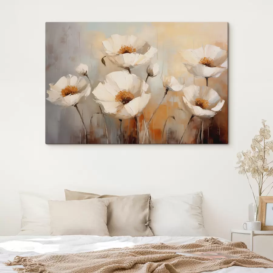 murales Cuadro al óleo de amapolas blancas, color azul y naranja s39815