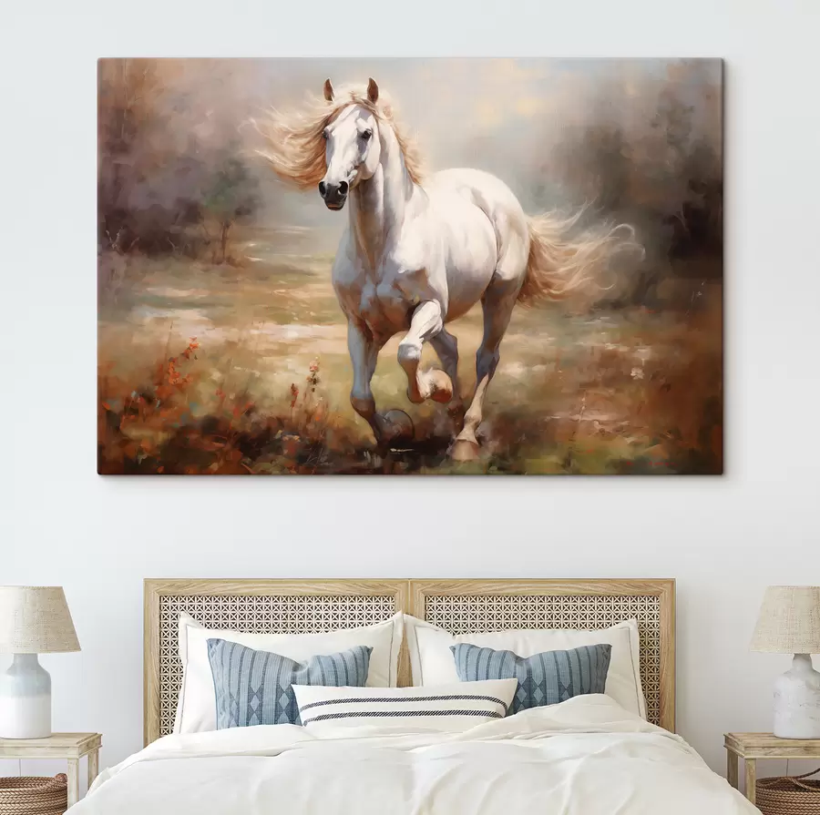 wall murals White horse galloping across the meadow oil painting s39818