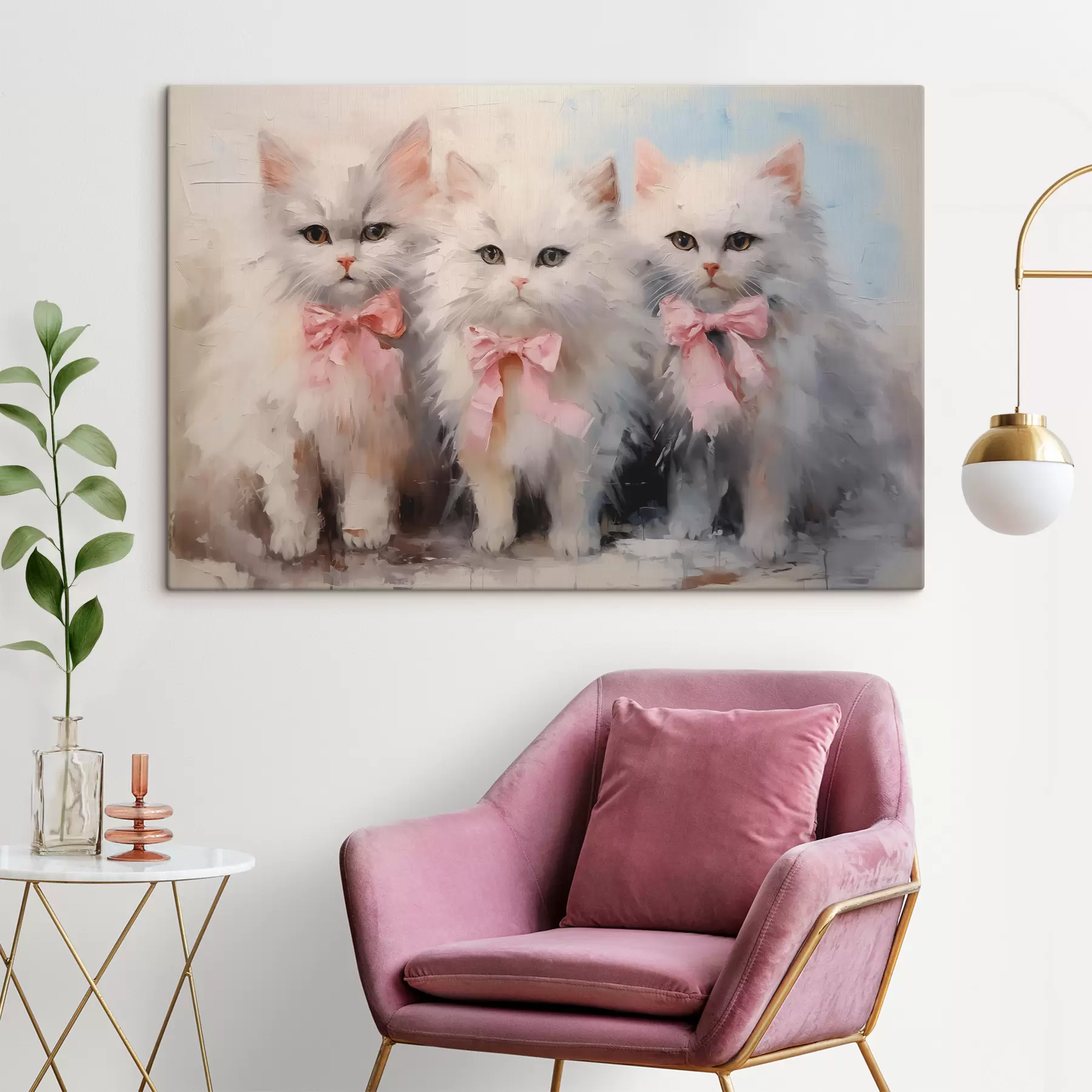 murales Cuadro al óleo de gatos blancos con lazos rosas s39826