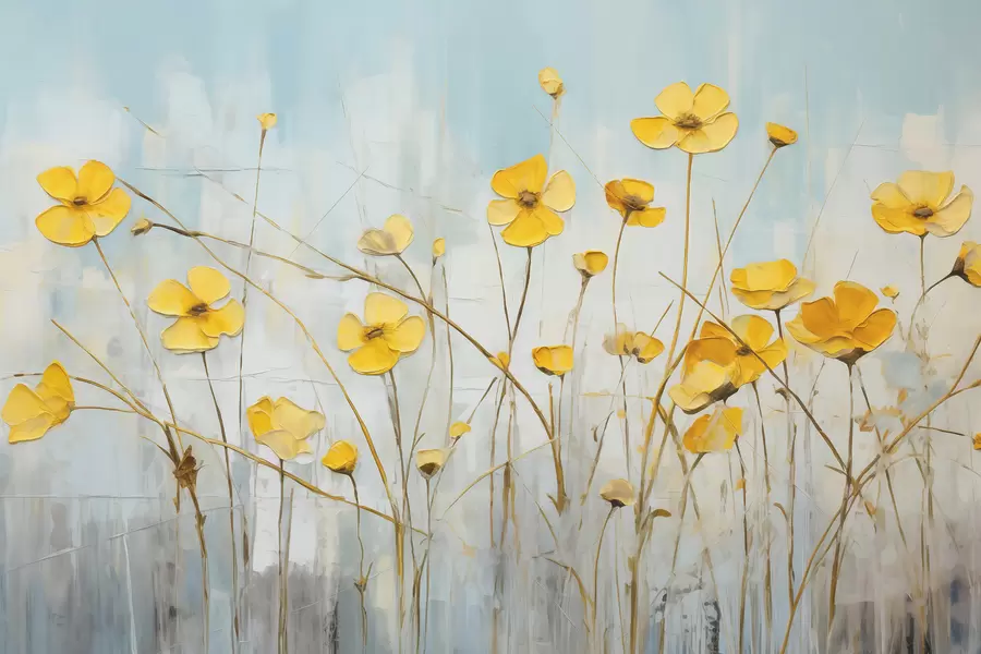 peintures murales Petites fleurs jaunes sur peinture à l'huile bleue w08129