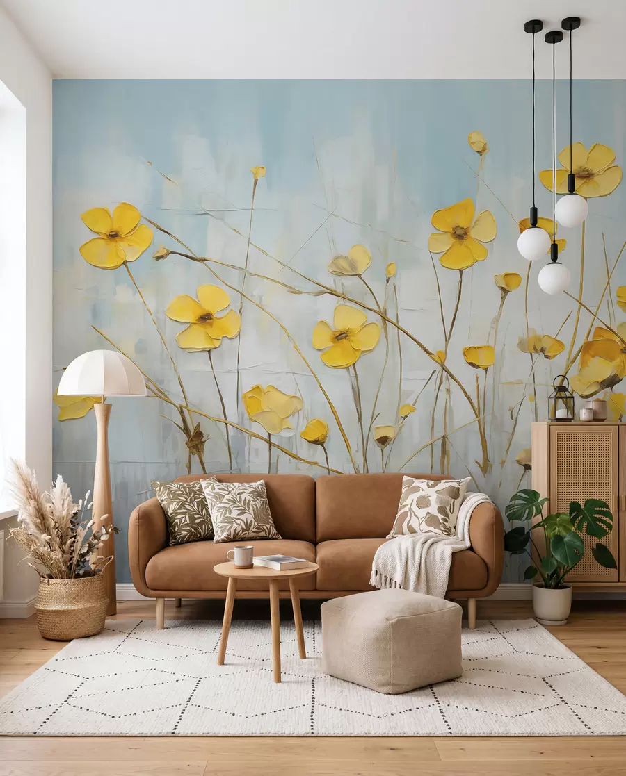 murales Pequeñas flores amarillas sobre pintura al óleo azul w08129