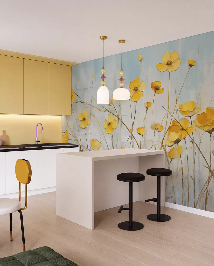 wall murals Small yellow flowers on blue oil painting w08129