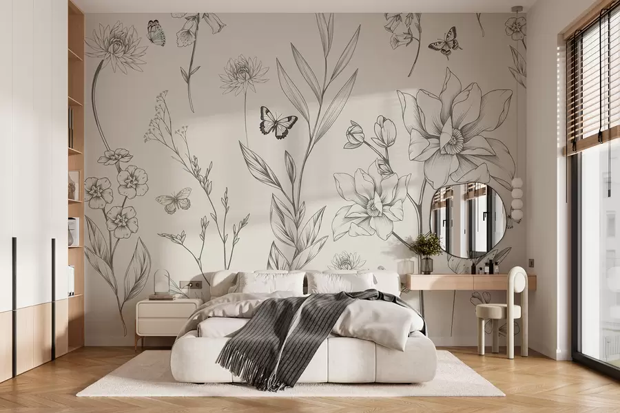 Wall Mural Photo Wallpaper Boho Monochrome flowers and butterflies w08088