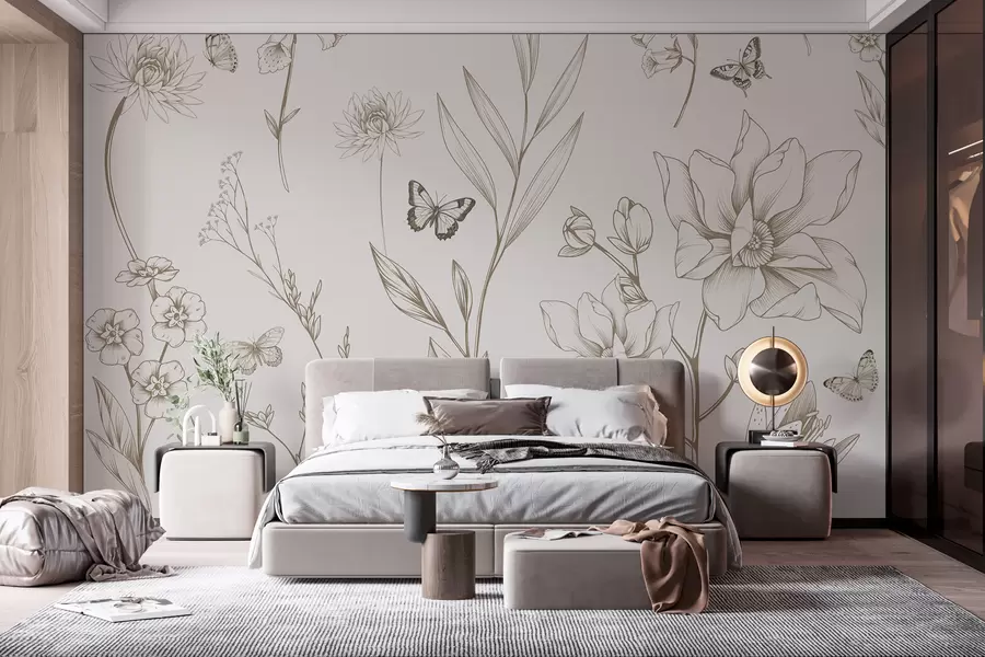 Wall Mural Photo Wallpaper Boho Monochrome Flowers and Butterflies in beige color w08088v1
