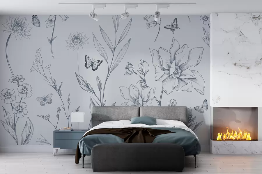 Wall Mural Photo Wallpaper Boho Monochrome Flowers and Butterflies in blue w08088v2