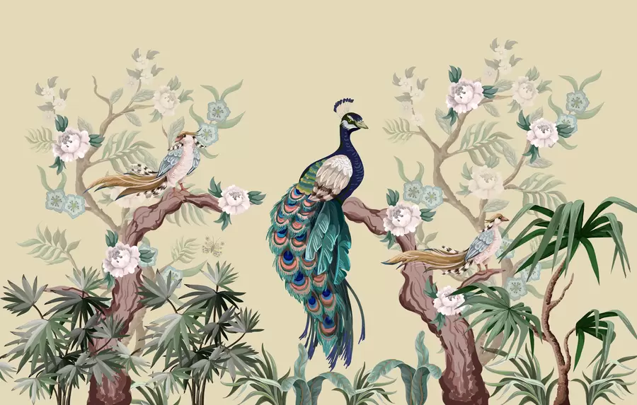 Wall Mural Photo Wallpaper peacock on a tree, beige background w08168