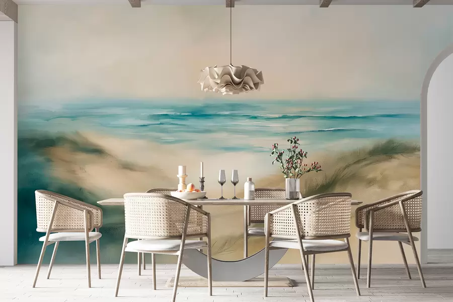 peintures murales Paysage abstrait aux couleurs pastel, plage, mer, palette de couleurs aigue-marine et beige, coups de pinceau w08141v1