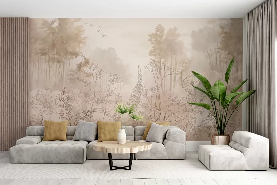 Wall Mural Photo Wallpaper Forest landscape with wild flowers, line art, realism, trees, nature, beige color pallete w08142
