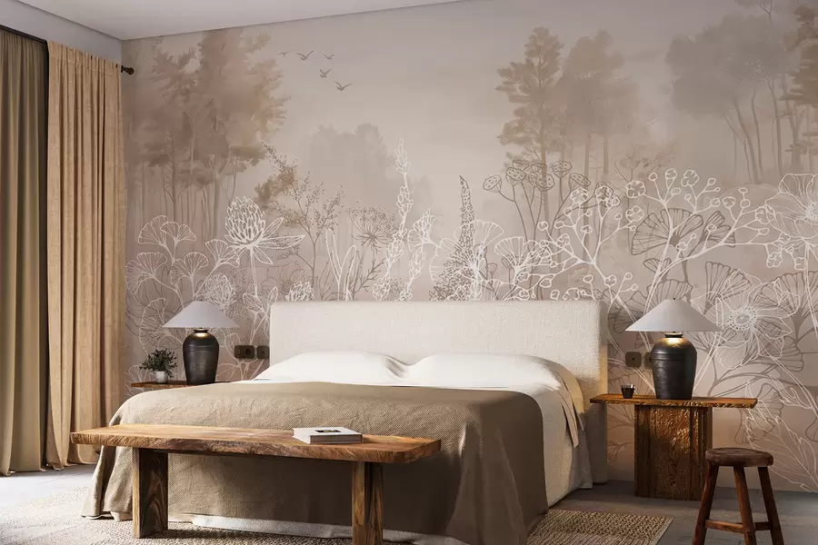 peintures murales Fleurs de dessin au trait, paysage forestier, nature, réalisme, palette de couleurs beige w08144