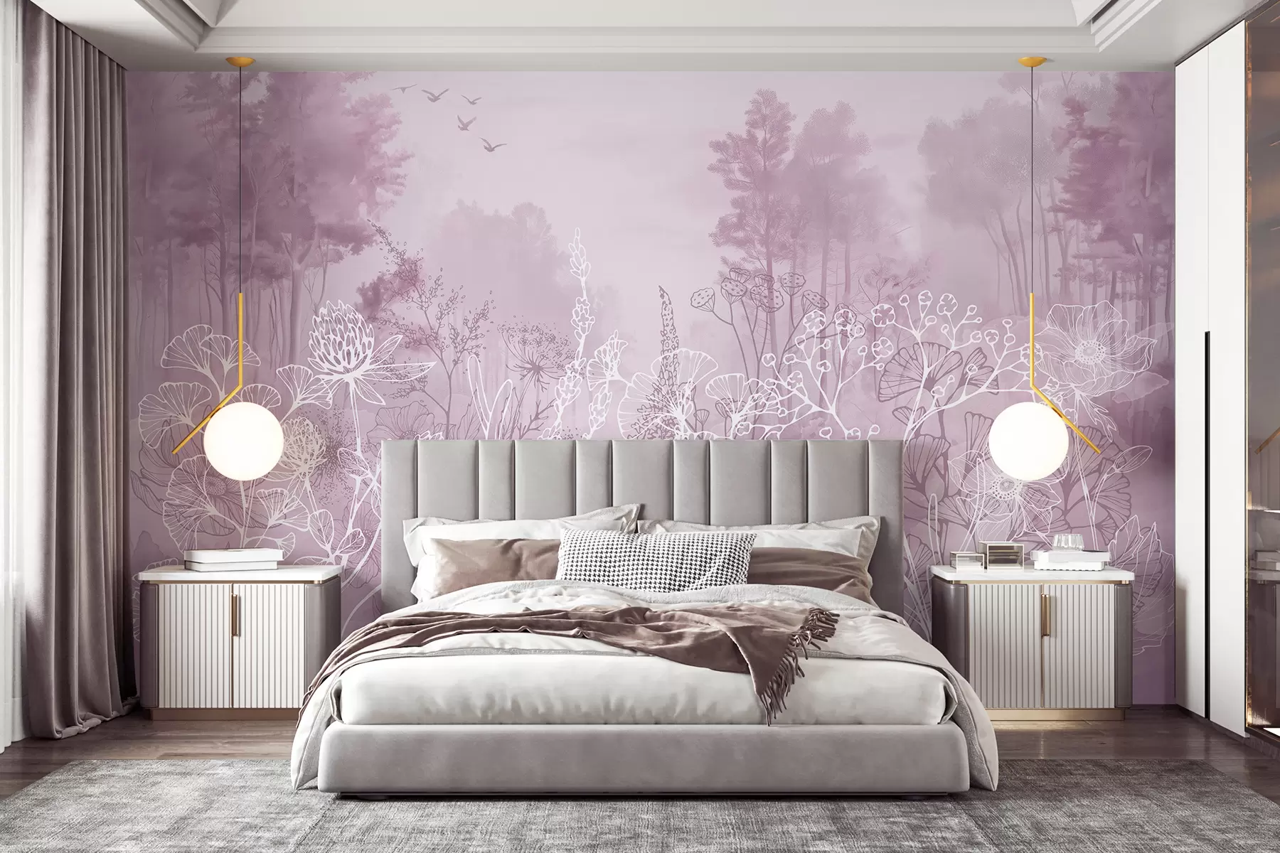 wall murals Line drawing flowers, forest landscape, nature, realism, pink color palette w08144v3