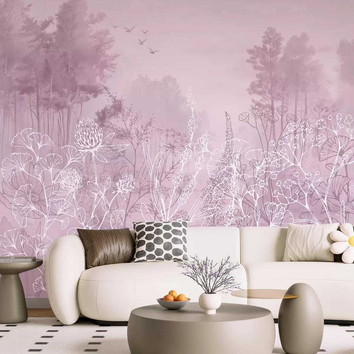wall murals Line drawing flowers, forest landscape, nature, realism, pink color palette w08144v3